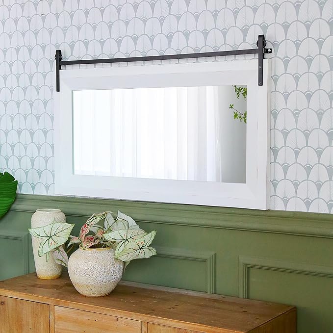 ALBAD Farmhouse Mirror for Wall Decor Wood Framed Bathroom Vanity Mirrors Vertical/Horizontal Hanging Barn Door Style Mirror for Living Room Bathroom Bedroom Entryway White-Ruum Studio Home