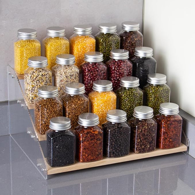 nianfeng Tiered Spice Rack, 4-Tier Spice Pantry Kitchen Cabinet Organizer, 12-Inch, Natural Wood Acrylic Stair Riser Stand, Countertop Seasoning Shelf-Ruum Studio Home