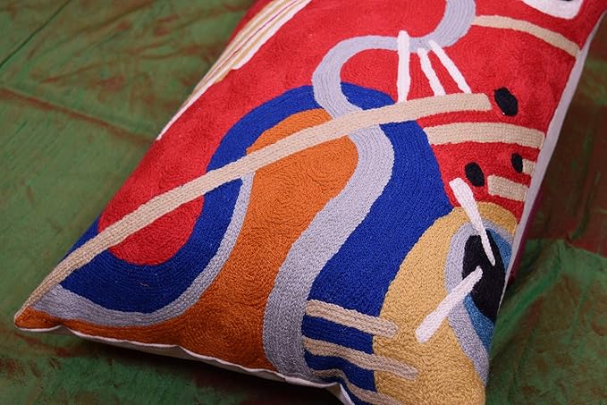Lumbar Kandinsky Red Modern Throw Pillow Cover in Flow | Red Abstract Pillowcase | Modern Couch Pillow Contemporary | Outdoor Pillow | Mid Century Chair Cushions | Hand Embroidered Wool Size 14x20-Ruum Studio Home