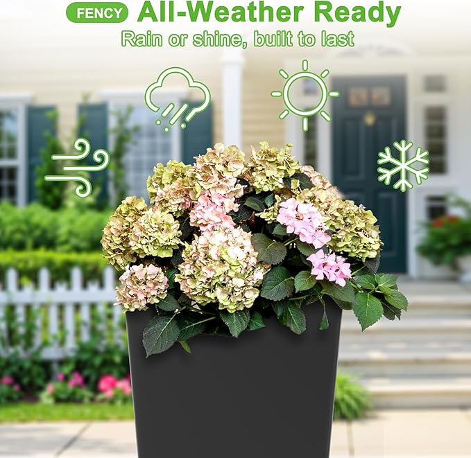 FENCY Set of 2 Tall Planters for Outdoor Plants, 24 Inch Large Tapered Pots with Drainage Trays, Weather-Resistant Plastic Plant Containers for Patio, Porch, Garden, Front Door Decor,Black-Ruum Studio Home