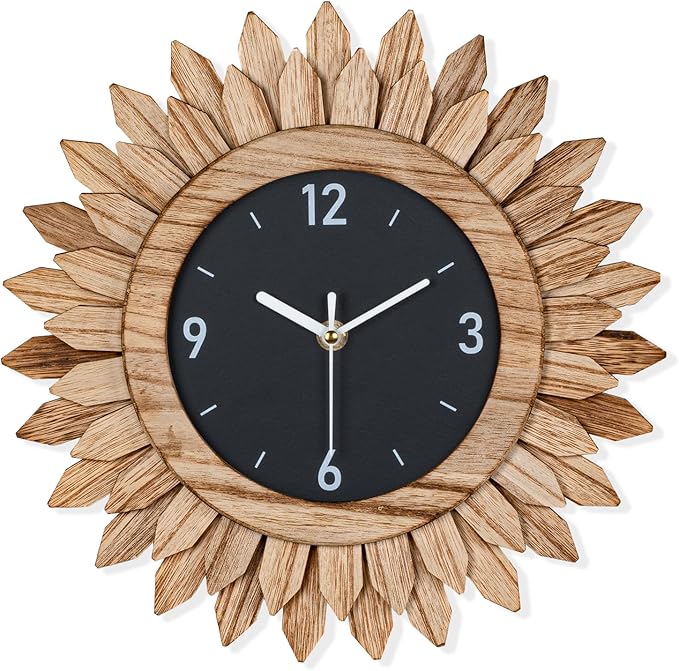Honiway Wall Clock Battery Operated 12 in Rustic Wood Boho Sunburst Decorative Wall Clock Silent Non Ticking Farmhouse Small Wall Clocks for Living Room Kitchen Bathroom Bedroom Decor (Rustic Brown)-Ruum Studio Home