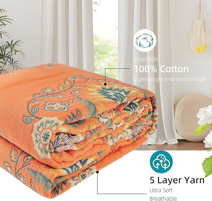 Boho Throw Blanket for Bed - 100% Pure Cotton Ultra Soft Rustic Quilt - Farmhouse Decor Bed Blankets, All Season Rustic Throw for Sofa Couch Chair(91''x 98'', Boho)-Ruum Studio Home