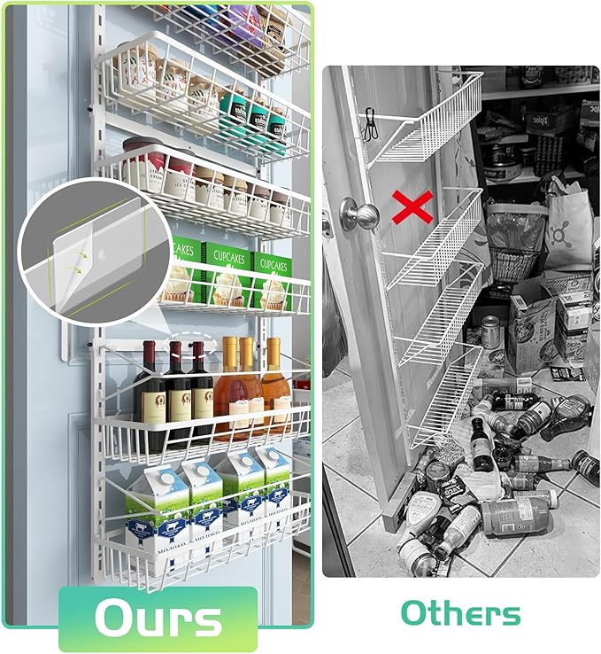 Over The Door Pantry Organizer, Wall Mount Spice Rack, Pantry Hanging Storage and Organization, 6 Adjustable Baskets Heavy-Duty Metal for Home & Kitchen, Back of Door Seasoning Rack - White-Ruum Studio Home
