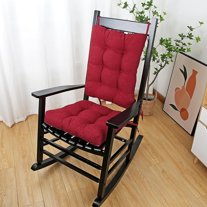 BUYUE Chair Cushion Set for Rocking Chair, Back Pillow & Seat Cushion with Ties, Original Woven Fabric Non-Slip Chair Pads for Elderly Sitting, Red-Ruum Studio Home