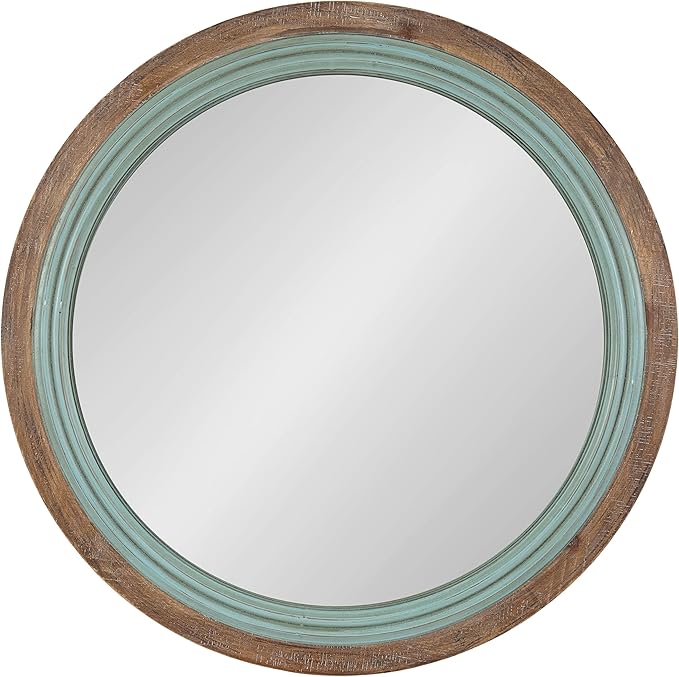 Kate and Laurel Palmer Rustic Farmhouse Round Wooden Mirror, 26 Inch Diameter, Blue and Rustic Brown, Modern Circle Decorative Wall Mirror with Paint Distressing-Ruum Studio Home