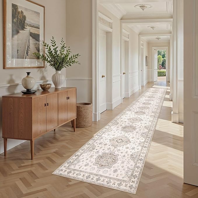 Washable 2.6x14 Runner Rug - Area Rugs Neutral Vintage Distressed Floral Farmhouse Boho Large Soft Floor Rug Indoor Carpet for Hallway Entryway Home - Beige Brown-Ruum Studio Home