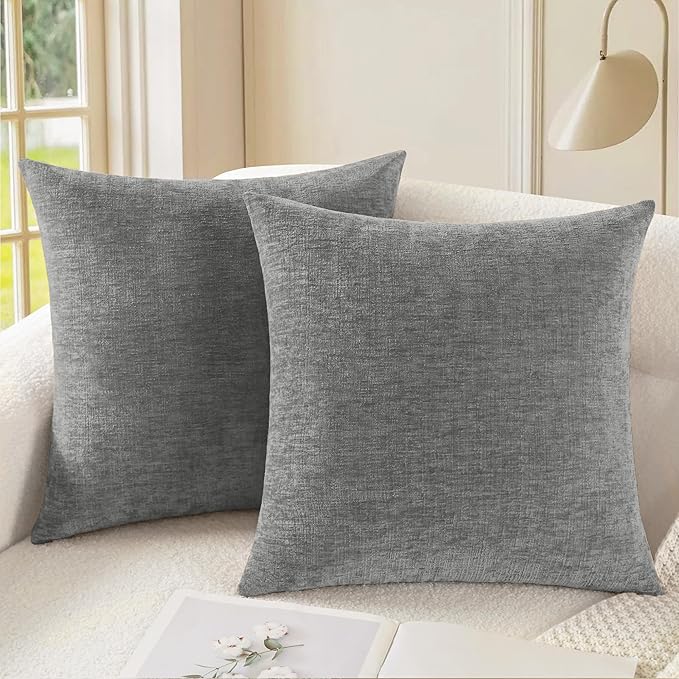 CaliTime Throw Pillow Covers Decorative 24 X 24 Inches Pack of 2 Cozy Chenille Cushion Cases for Couch Sofa Bed Living Room Home Medium Grey-Ruum Studio Home