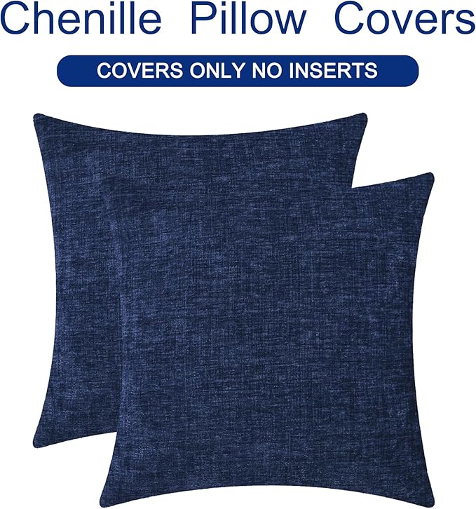 CaliTime Throw Pillow Covers Decorative 18 X 18 Inches Pack of 2 Cozy Chenille Cushion Cases for Couch Sofa Bed Living Room Home Navy Blue-Ruum Studio Home