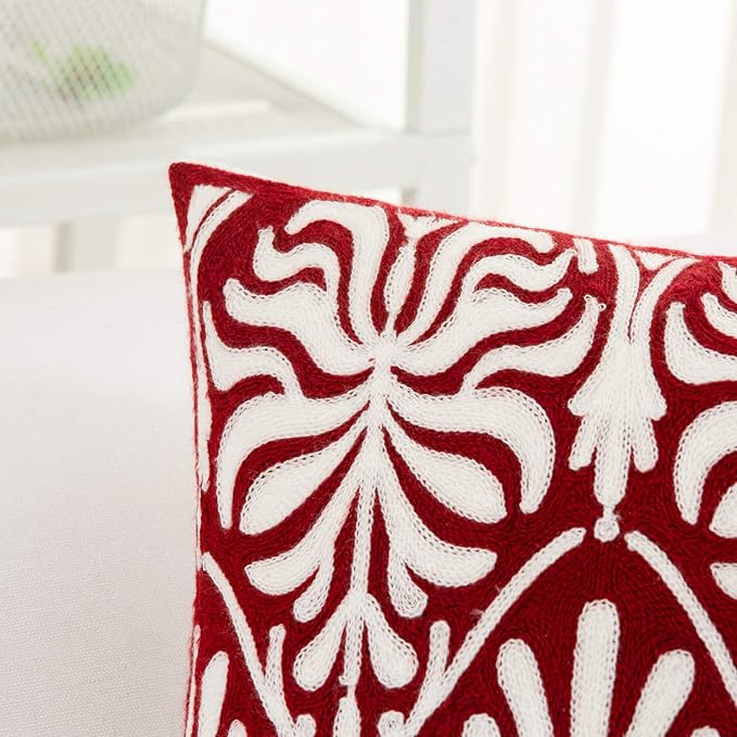 HWY 50 Burgundy Red Decorative Lumbar Pillow Cover Rectangle 12x20 Inch (1 Piece), Embroidered Cotton Farmhouse Cushion Cover Pillow Case for Sofa Couch Living Room Bed, Minimalist Floral-Ruum Studio Home