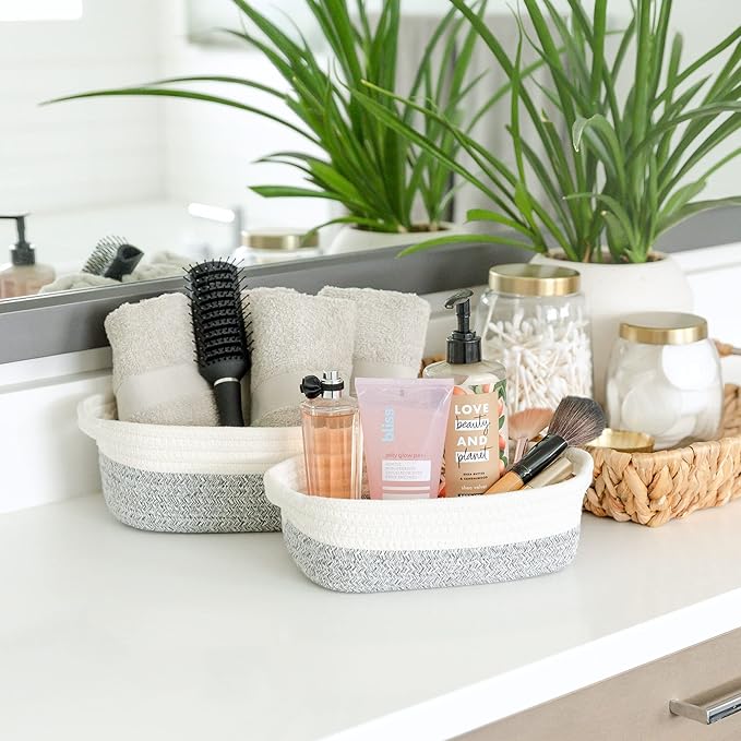 NaturalCozy 5-Piece Rectangle Storage Basket Set- Natural Cotton Rope Woven Baskets for Organizing! Small Basket for Montessori, Baby Nursery, Dog Toy Baskets, Cat Toy Box, Bathroom Organization Bin-Ruum Studio Home