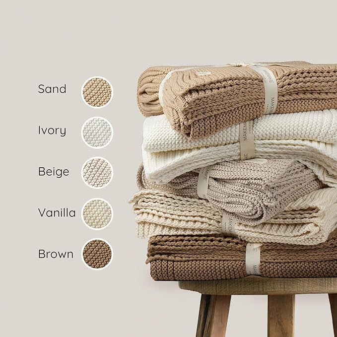 MakeMake Organics Organic Throw Blanket GOTS Certified Organic Cotton Blanket Chunky Knit Super Soft Cozy Fall Winter Large Adults Throw Blanket (50x60, Vanilla)-Ruum Studio Home