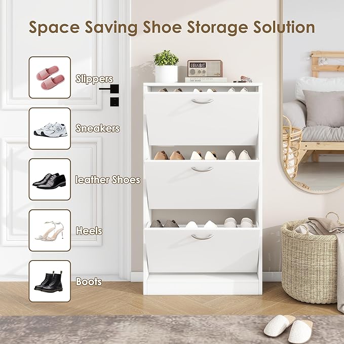 Shoe Storage Cabinet with 3 Flip Drawers, Narrow Shoe Cabinet Freestanding Slim Shoe Storage Organizer for Entryway, Hallway, Entrance, Bedroom, Living Room, White-Ruum Studio Home