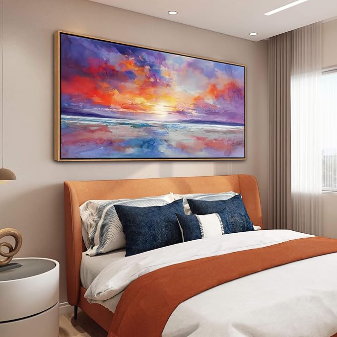 DUNHUANG ART Vibrant Ocean Sunset Canvas Wall Art - Beach Decor & Sunrise Poster - Red Scenery Poster for Living Room & Bathroom - 24"x48"-Ruum Studio Home