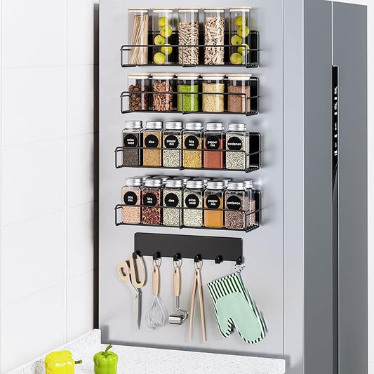 5-Pack Moveable Magnetic Spice Rack Organizer With 6 Hooks for Refrigerator, Metal Fridge Shelf, Black-Ruum Studio Home