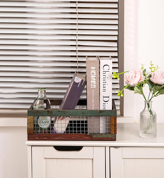 TIMRIS Set of 2 Rustic Wooden Countertop Baskets, Farmhouse Distressed Nesting Boxes, Small Decorative Wooden Storage Crates, Reclaimed Wood Organizer Baskets with Wire Mesh (Random)-Ruum Studio Home