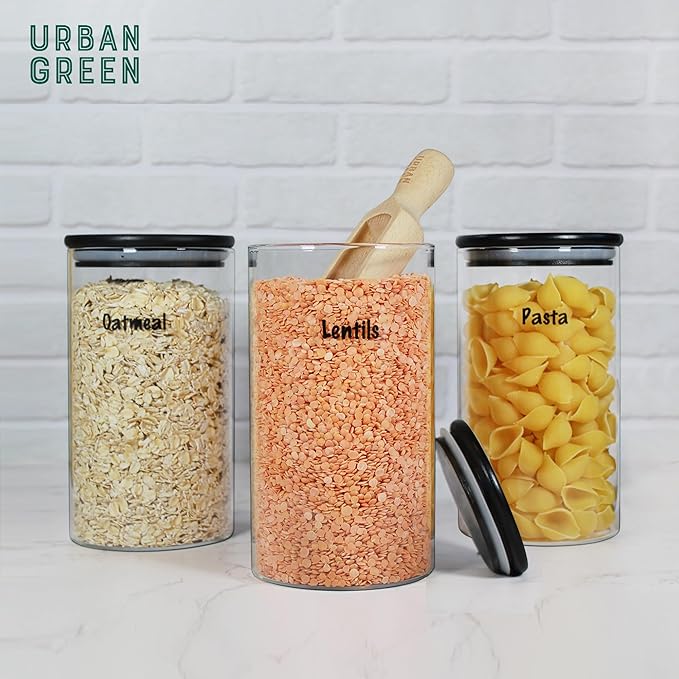 Urban Green Glass Jars with Black Lids, Glass food storage container sets with black lids, Airtight Canisters Sets with Bamboo Lids. Pantry Jar (3 Pack of 48oz)-Ruum Studio Home