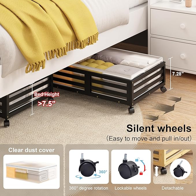 Under Bed Storage with Wheels-Large Bamboo Underbed storage Containers with Large Dust Bag Stackable Under the Bed Shoe Storage Bins for Clothes Books Bedding (2 Packs Black, 23.62"L×16.54"W× 6.51"H)-Ruum Studio Home