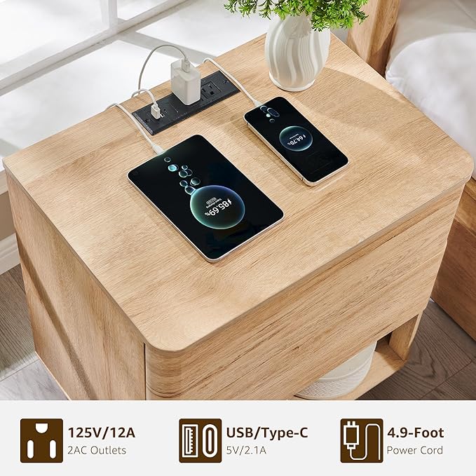 Nightstand Set of 2 with Charging Station, 22" Large Modern Bedside Table with 2 Drawers Storage,Push-to-Open End Table for Bedroom,Living Room,Natural Oak-Ruum Studio Home