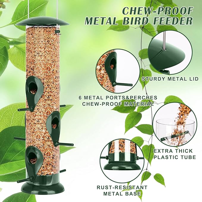 FEED GARDEN Metal Tube Bird Feeders for Outdoors Hanging, 6-Port Bird Feeder for Outside, Finch Feeders for Outside, Squirrel Proof Bird Feeders with Heavy Duty Metal Lid, Chew-Proof, 13 Inch Green-Ruum Studio Home