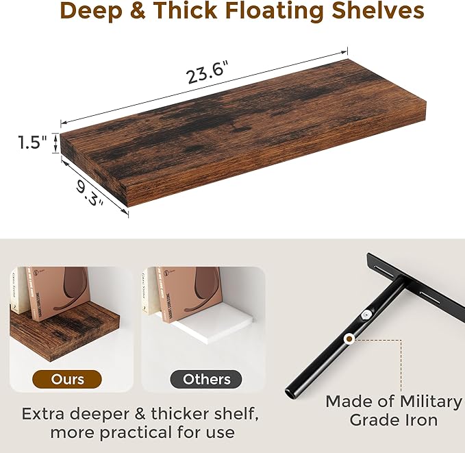24 x 9 Floating Shelves, 9 Inch Deep Floating Shelf Wall Mounted, 24 Inch Bathroom Shelves Set of 2, Rustic Wood Wall Shelf for Bedroom, Living Room, Rustic Brown Color-Ruum Studio Home