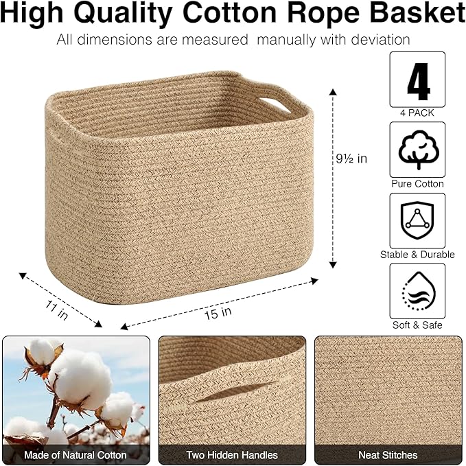 Storage Baskets for Organizing & Shelves, Woven Cotton Rope Organization Bins for Dog Toys, Clothes, Books, Nursery Organizer, 15" Lx11''Wx9.5''H, (4 Packs) Brown-Ruum Studio Home
