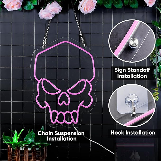 Skull Neon Sign Pink,Halloween Neon Light for Wall Decor, Skeleton LED Neon Sign for Beer Bar Bedroom Art,Skull Head Neon Lights Suitable for Computer Room,5V USB Power 15.75 * 11.8in(Non-Dimmable)-Ruum Studio Home