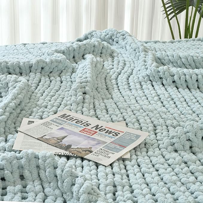 Esterra Chunky Knit Blanket Throw 50"x60", 100% Hand Knitted Chenille Throw Blanket, Cozy Soft Thick Cable Knit Throw Large Rope Knot Crochet Throw Blanket for Sofa Couch Bed, Sky Blue-Ruum Studio Home