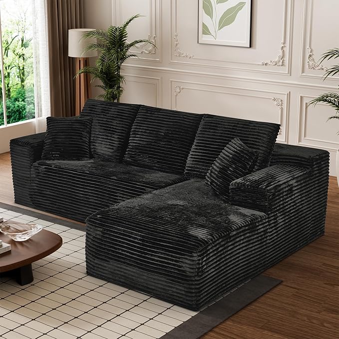 Modular Sectional Sofa Cloud Sectional Couch, 107" Comfy Fluffy L Shaped Black Couches for Living Room, Deep Seat Memory Foam Plush Corduroy Boneless Couch Sectionals with Right Facing Chaise Sofa-Ruum Studio Home