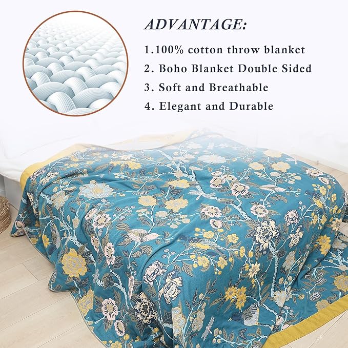 Snycler Boho Throw Blanket for Bed - 100% Cotton Ultra Soft Rustic Quilt Blanket Green Bird Floral Printed Farmhouse Decor Bed Blankets, 80"×90" All Season Rustic Throw for Sofa Couch Chair-Ruum Studio Home