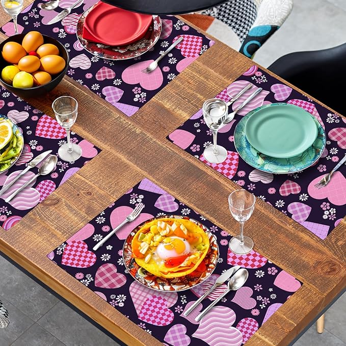 Pink Love Hearts Valentine's Day Placemats Set of 4 Seasonal Valentines Anniversary Wedding Linen Table Mats Pink Black Washable Place Mats for Party Kitchen Dining Outdoor Indoor Decor 12x18 Inch-Ruum Studio Home