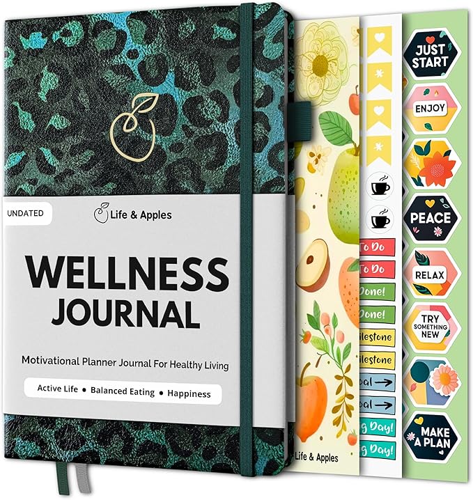 Life & Apples Wellness Journal Planner – Food Log, Fitness Tracker, Habit Tracker, Weight Loss Journal for Diet Tracking and Health Goals, Undated, Size A5, Leopard-Ruum Studio Home