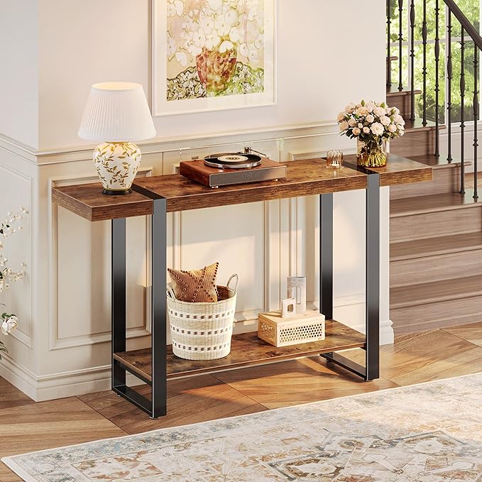 Huuger 47.2 Inch Entryway Table, 2-Tier Industrial Console Sofa Table, Accent Table with Storage, for Entry, Hallway, Entrance, Foyer, T-Shaped Metal Frame, Rustic Brown-Ruum Studio Home