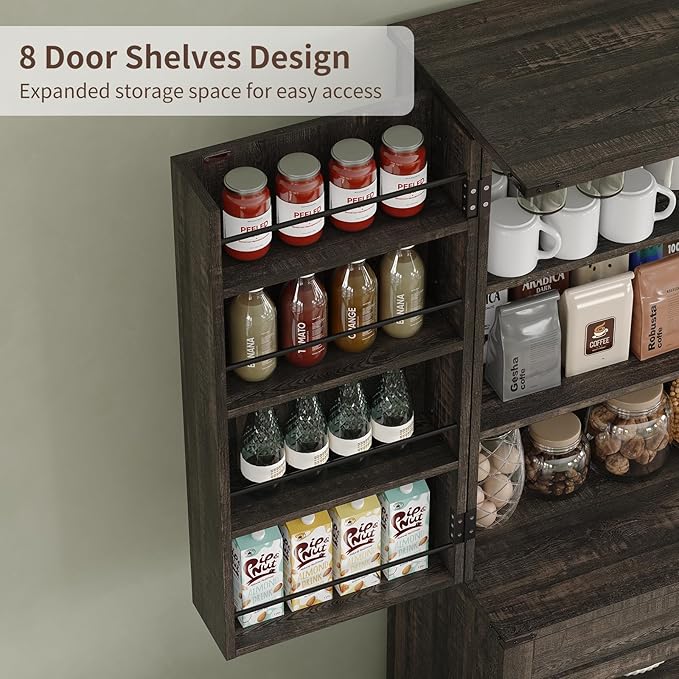 72'' Kitchen Storage Pantry Cabinet, Tall Storage Cabinet with 8 Door Shelves, 2 Cabinets and 1 Drawer, Freestanding Cupboard for Kitchen, Dining Room, Bathroom, Laundry, Living Room, Dark Rustic Oak-Ruum Studio Home
