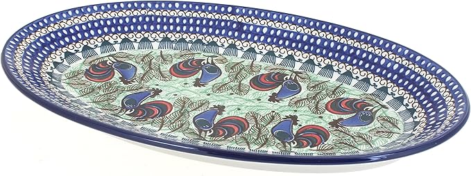 Blue Rose Polish Pottery Rooster Row Oval Platter-Ruum Studio Home