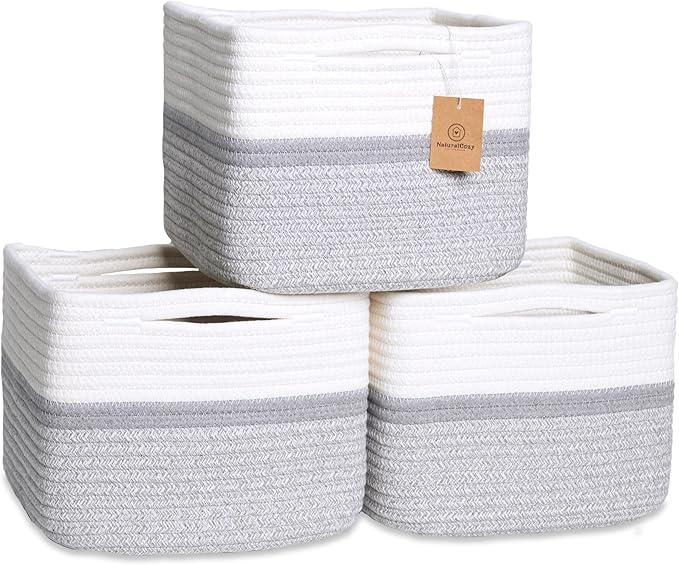 NaturalCozy Storage Cubes 9”x9”x7”Cotton Rope Woven Baskets for Organizing 3-Pack | 9 Inch Cube Storage Bin | Small Basket for Shelf Nursery, Pantry, Decorative Plant, Bathroom Closet, Toy Gift-Ruum Studio Home