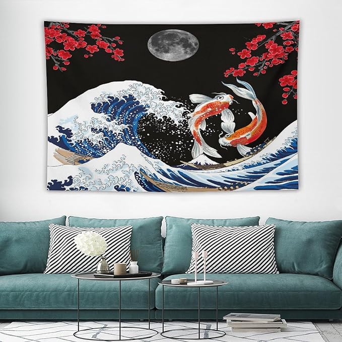Houselerax Japanese Koi Fish Tapestry, Yin Yang Big Wave Red Cherry Blossom Tapestries Wall Hanging for Bedroom Living Room Office Decor 90"x60"-Ruum Studio Home