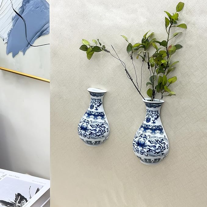 Set of Two Blue and White Porcelain Wall Vases for Flowers – Handmade Chinoiserie Ceramic Wall Mounted Flower Vase, Decorative Hanging Vases for Living Room, Bookshelf & Indoor Décor-Ruum Studio Home