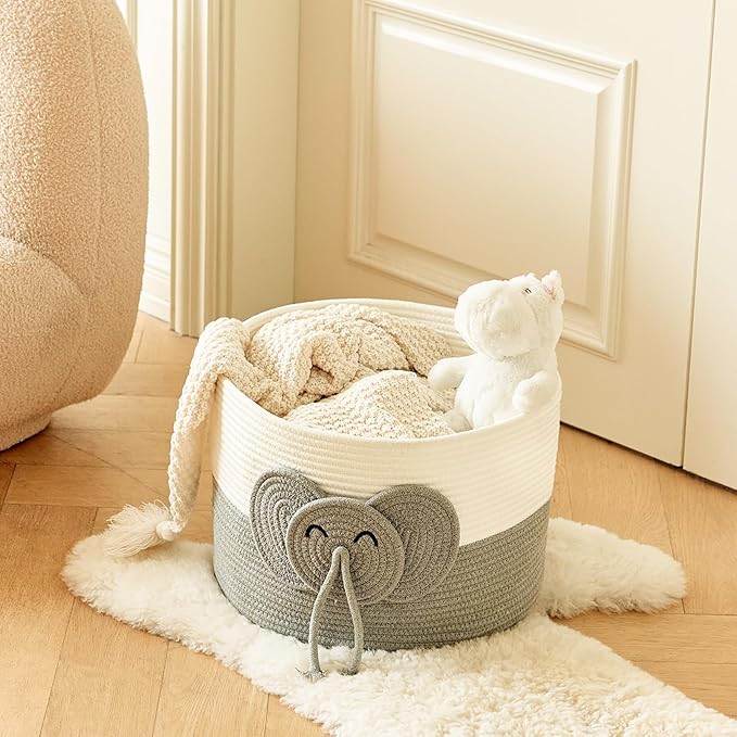 Large Baby Cute Storage Basket for Organizing -Elephant White & Grey 15""x15""x11"", 2024282319065-Ruum Studio Home