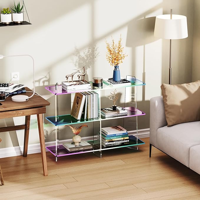 Acrylic Bookshelf, Small 3 Tier Open Bookcase for Small Spaces,Sofa Table, Hallway Entry Table for Home Living Room (Iridescent, 39.4" x 11.8" x 31.5)-Ruum Studio Home