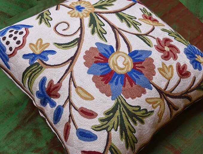 Dahlia Floral Pillow Cover - Cream Flower Pillowcase - Outdoor Cushion - Suzani Farmhouse Chair Throw - Traditional Chair Cushions - Hand Embroidered Wool Size - 18x18-Ruum Studio Home