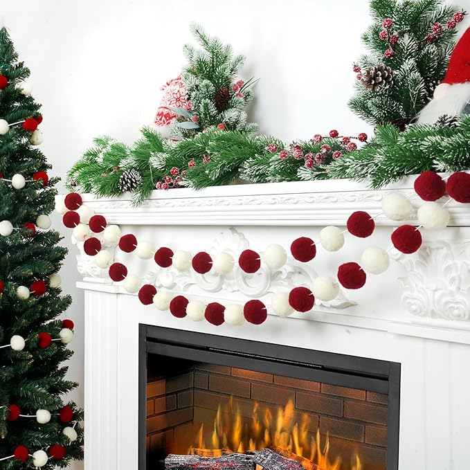 TBD Decor 2pk Red Pom Pom Garland 13FT Large Felt Ball Garland Christmas Decoration for Mantle,Indoor Holiday Wedding Birthday Party Supplies (Red&White,4cm)
