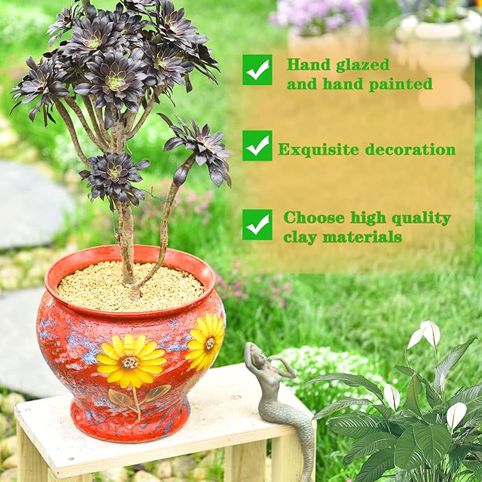 Sungmor Ceramic Hand Painted Succulent Flower Pots, 9 Inch Large Pottery Pots for Indoor Outdoor Plants, Decorative Ceramic Vase for Flower Arrangement Home Decor, Vintage Centerpieces Flowerpot-Ruum Studio Home