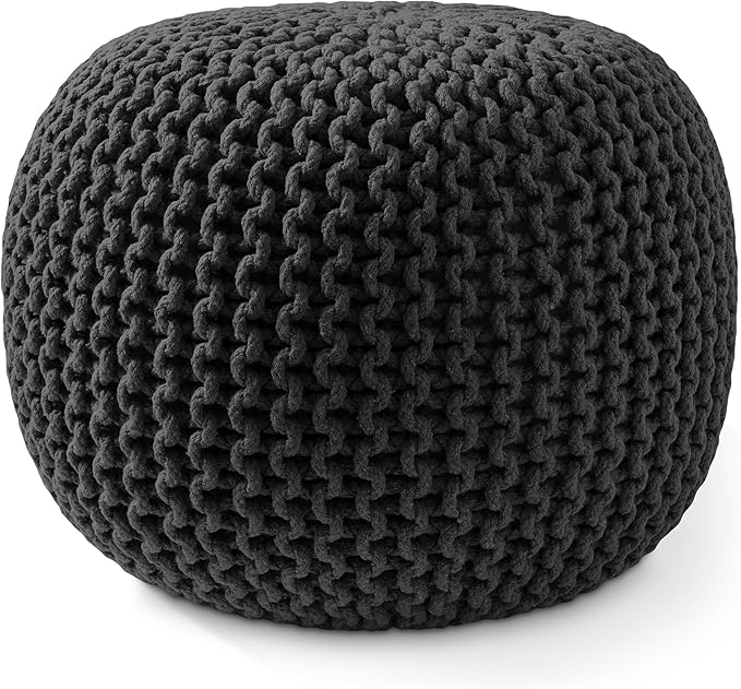 Casafield Round Pouf Ottoman, Black - 20" Diameter x 14.5" High Cotton Knit Foot Stool - Boho Floor Pouffe for Living Room, Bedroom, Home Office-Ruum Studio Home