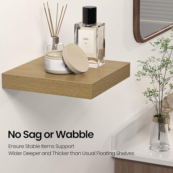 Square Floating Shelves for Wall, 10" W x 10" D x 1.2" H, Small Wooden Wall Mounted Display Shelves with Invisible Brackets for Living Room, Bedroom, Bathroom, Kitchen Decor, Set of 4, Oak-Ruum Studio Home