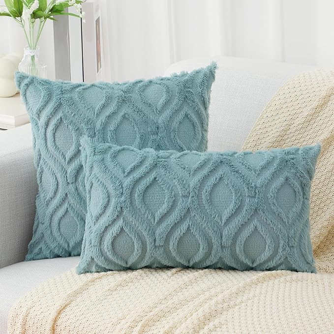 decorUhome Fall Throw Pillow Covers 18x18 Inch Set of 2, Soft Plush Decorative Faux Fur Aqua Solid Couch Pillow Covers, Accent Farmhouse Neutral Square Euro Pillow Cases for Sofa Bed Living Room-Ruum Studio Home