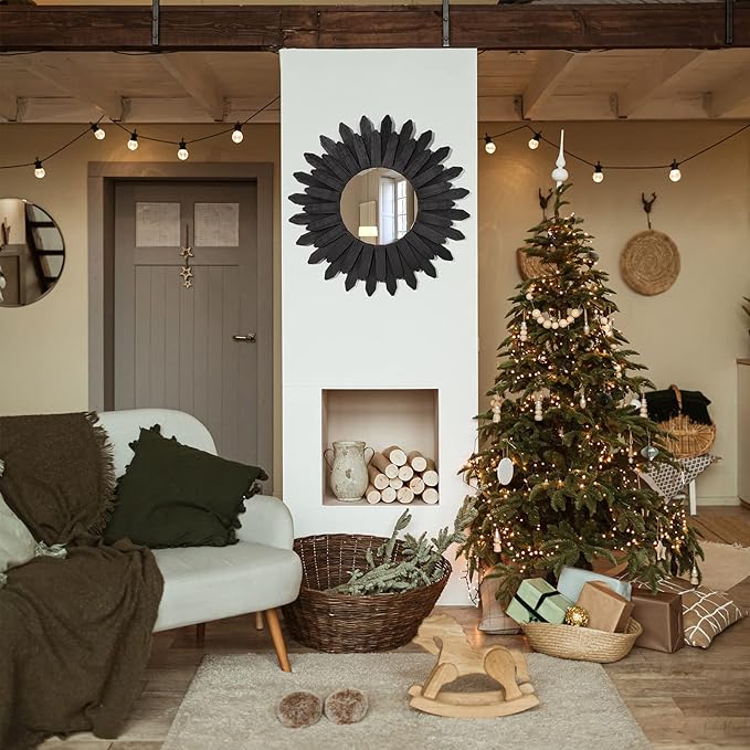 Honiway 21 inch Black Wall Decor Vintage Mirror, Boho Style, Wooden Frame, Easy to Hang, Ideal Gift-Ruum Studio Home