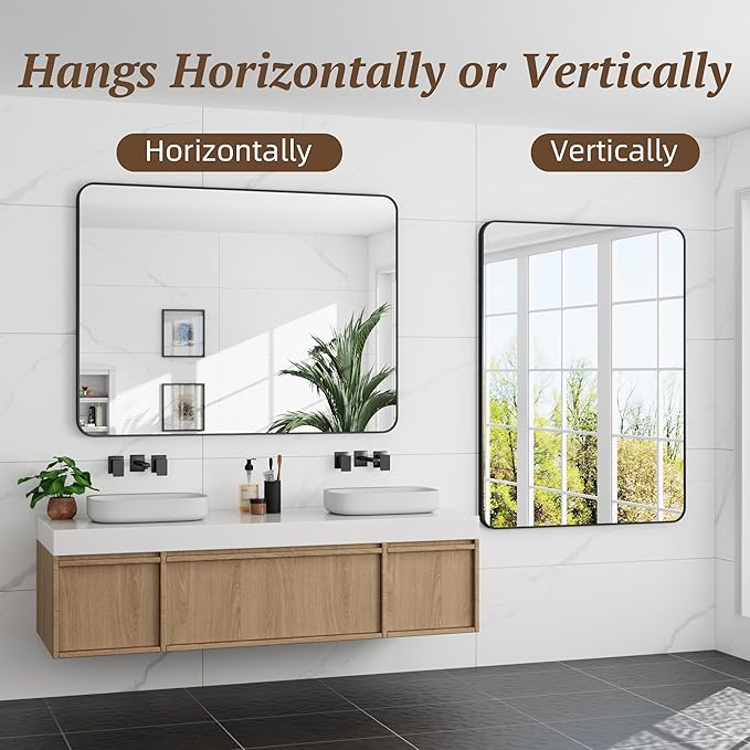 Bathroom Mirror 48" x 36", Large Rectangle Wall Mirror, Black Metal Frame Wall Mounted Mirrors for Bathroom, Vanity, Bedroom, Entryway Decor(Horizontal/Vertical)-Ruum Studio Home