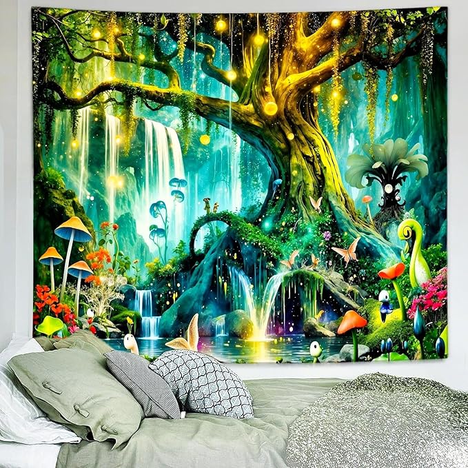 Delur Magical Forest Tapestry Fantasy Tree of Life Enchanted Fairy Tale Forest Tapestry Mystical Psychedelic Nature Landscape Wall Hanging Headboard for Bedroom Living Room Home Decor (70.8" x 92.5")-Ruum Studio Home