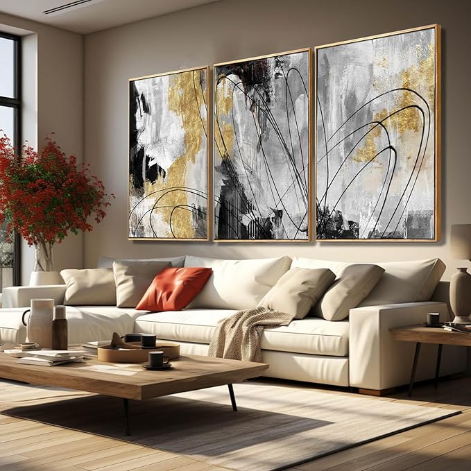 YJYart Gold Wall Art Abstract Wall Art Living Room Decor Black and White Canvas Picture Home Decor Wooden Frame Line Paintings Modern Artwork Office Decor 24"x 36"x 3 Pieces-Ruum Studio Home