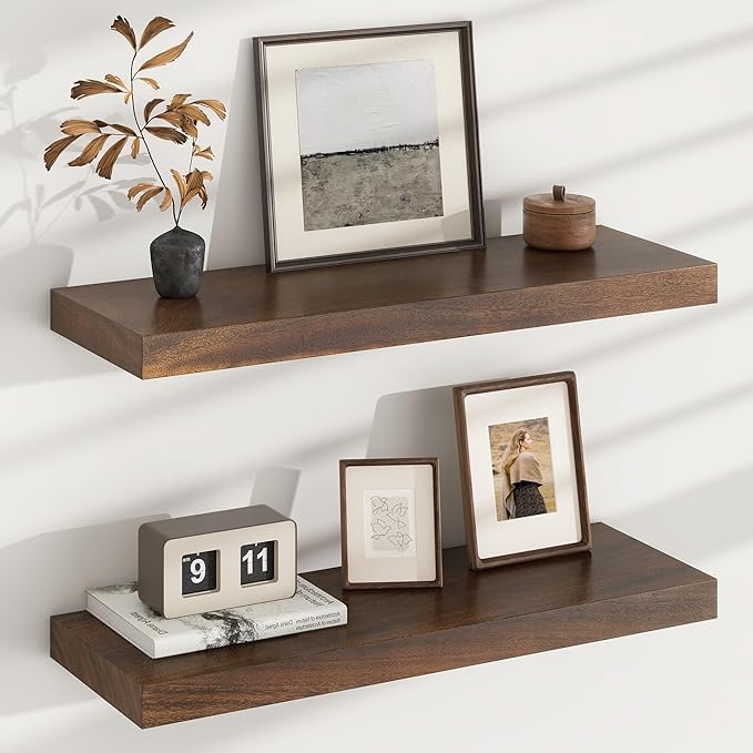 Floating Shelves for Wall, USA-Sourced Walnut Wood 24 Inch Wall Shelves Set of 2, Natural Wooden Wall Mounted Picture Ledge Shelf, Nursery Book Storage Shelf Kids Bookshelf, Display Shelf for Bathroom-Ruum Studio Home